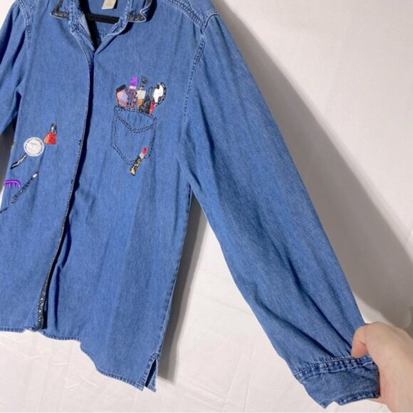 Vintage Bobbie Brooks Med Wash Denim Embroidered Button Up Top XL - Picture 9 of 15